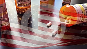 Slow motion medicine bottles and pills falling with ghosted American flag waving