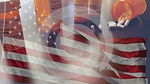 Slow motion medicine bottles and pills falling with ghosted American flag waving