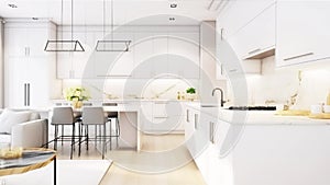 Slow motion modern kitchen interior, white furniture light architecture design. AI generated.