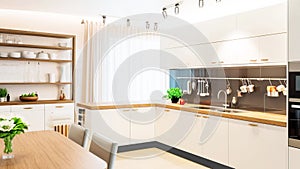 Slow motion modern kitchen interior, white furniture light architecture design. AI generated.