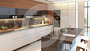 Slow motion modern kitchen interior, white furniture light architecture design. AI generated.