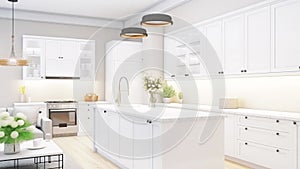 Slow motion modern kitchen interior, white furniture light architecture design. AI generated.