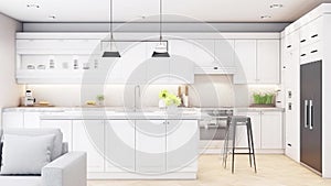 Slow motion modern kitchen interior, white furniture light architecture design. AI generated.