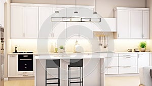 Slow motion modern kitchen interior, white furniture light architecture design. AI generated.