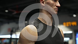 slow motion of muscular arm with vein of sportsman physique. muscular sportsman arm muscle.