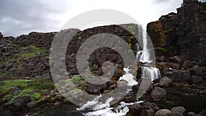 Slow motion of Oxararfoss Waterfall In Thingvellir National Park, Iceland