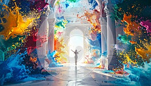 Slow motion paint explosion on white corridor. Generated Image