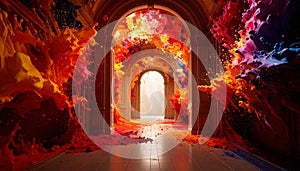Slow motion paint explosion on white corridor. Generated Image