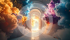 Slow motion paint explosion on white corridor. Generated Image