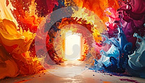 Slow motion paint explosion on white corridor. Generated Image