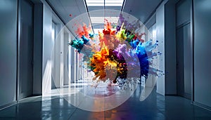 Slow motion paint explosion on white corridor. Generated Image