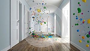 Slow motion paint explosion on white corridor. Generated Image