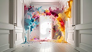 Slow motion paint explosion on white corridor. Generated Image