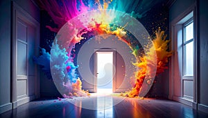 Slow motion paint explosion on white corridor. Generated Image