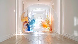 Slow motion paint explosion on white corridor. Generated Image