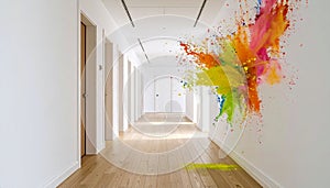 Slow motion paint explosion on white corridor. Generated Image