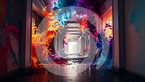 Slow motion paint explosion on white corridor. Generated Image