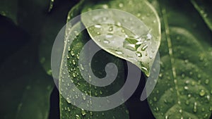 Slow motion of raindrops falling on green leaf background with rainy season.