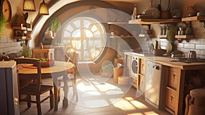 Slow motion rustic fantasy kitchen interior, wooden furniture fairytale architecture design. AI generated.