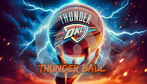 A slow-motion shot of a basketball spinning on a fingertip, with the Oklahoma City Thunder logo