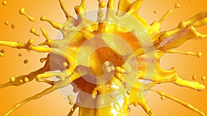 Slow Motion shot of orange juice splash isolated background with alpha channel. 3d 4K