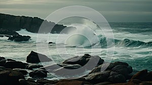 A slow-motion shot of waves crashing against a rocky shore created with Generative AI