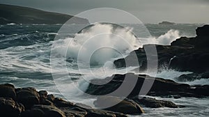 A slow-motion shot of waves crashing against a rocky shore created with Generative AI