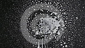 Slow motion. Streams of white paint fall into the center of a black background and drip down in droplets