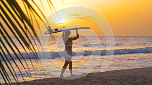 SLOW MOTION: Unrecognizable woman carries a surfboard on her head at sunset.