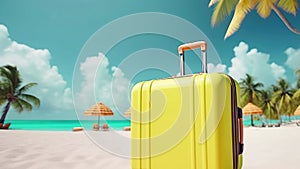 Slow motion yellow suitcase on wheels for tourism, travel along the beach with palm trees.