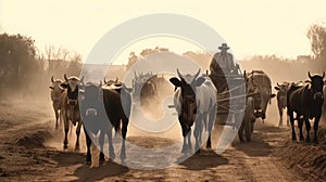 The slow and plodding movements of a team of oxen pulling a heavy load in a rural setting created with Generative AI