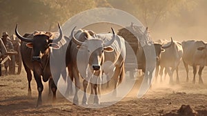 The slow and plodding movements of a team of oxen pulling a heavy load in a rural setting created with Generative AI