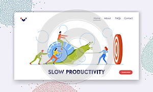 Slow Productivity Landing Page Template. Unproductive Business Progress, Laziness at Work. Characters Riding Snail