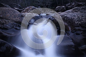 Slow Shutter Speed Photography of a Rushing Waterfall of River Rocks