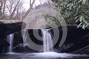Slow Shutter Speed Photography of a Small Waterfall River with Stone in the Woods Park.