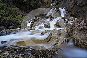 Slow shutter speed shot of Gordale Beck with Gordale Scar in the background,Malham,