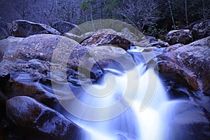 Slow Shutter Speed Water Photography of a River Waterfall in the Mountains.