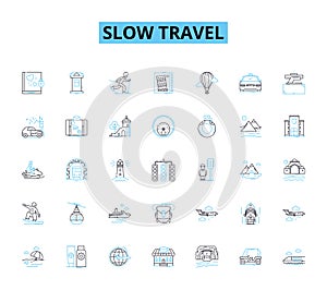 Slow travel linear icons set. Reflection, Introspection, Timelessness, Connection, Appreciation, Deliberate, Mindful