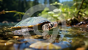 Slow turtle crawls in green pond, beauty in nature generated by AI