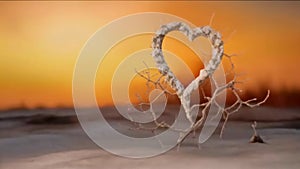 Slow zoom image on Heart arranged from roots on the background of the setting sun. Space for your own banner content. Heart as a