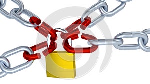 Slow Zoom Out on Four Chains with Four Red Links Locked with a Padlock