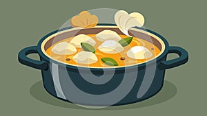 A slowcooked pot of chicken and dumplings the tender chicken and fluffy dumplings becoming more flavorful as they absorb photo