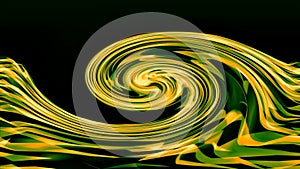 Slowly rippling rolling and unfurling vortex of 3D gold crystals on a black background