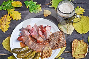 Slowly roasted smoked pork knuckle with mug of dark beer.