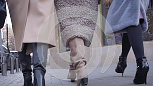 Slowmo of female legs in high-heel boots and coats walking along the street in city. Camera following steps of stylish