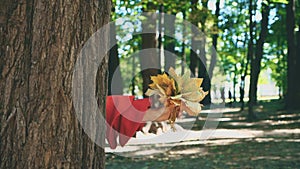Slowmo. Girl`s hand is showing a bunch of yellow leaves from tree caudex, isolated, on blurred park background. Close up