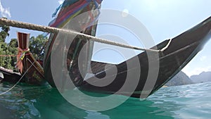 Slowmotion Boat ride , tropical Thai jungle lake Cheo lan, woodrn mountains nature, national park ship yacht rocks