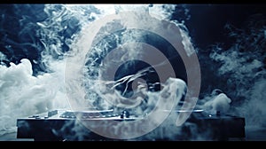 Slowmotion footage of a DJ making an epic buildup on a mixer with wispy clouds of smoke rising and dissipating around