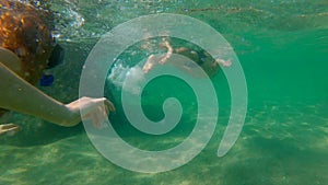 Slowmotion shot of a young woman and her little son snorkeling in a sea