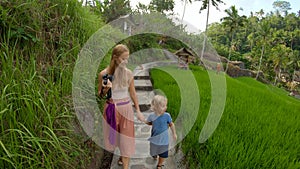 Slowmotion shot of a young woman and her little son walk among rice field terraces